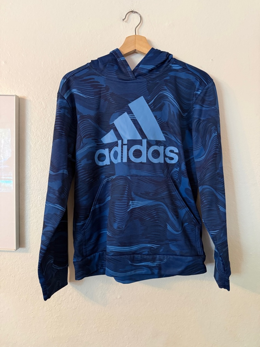 Adidas Fleece Lined Navy and Light Blue Logo Hoodie Sz L